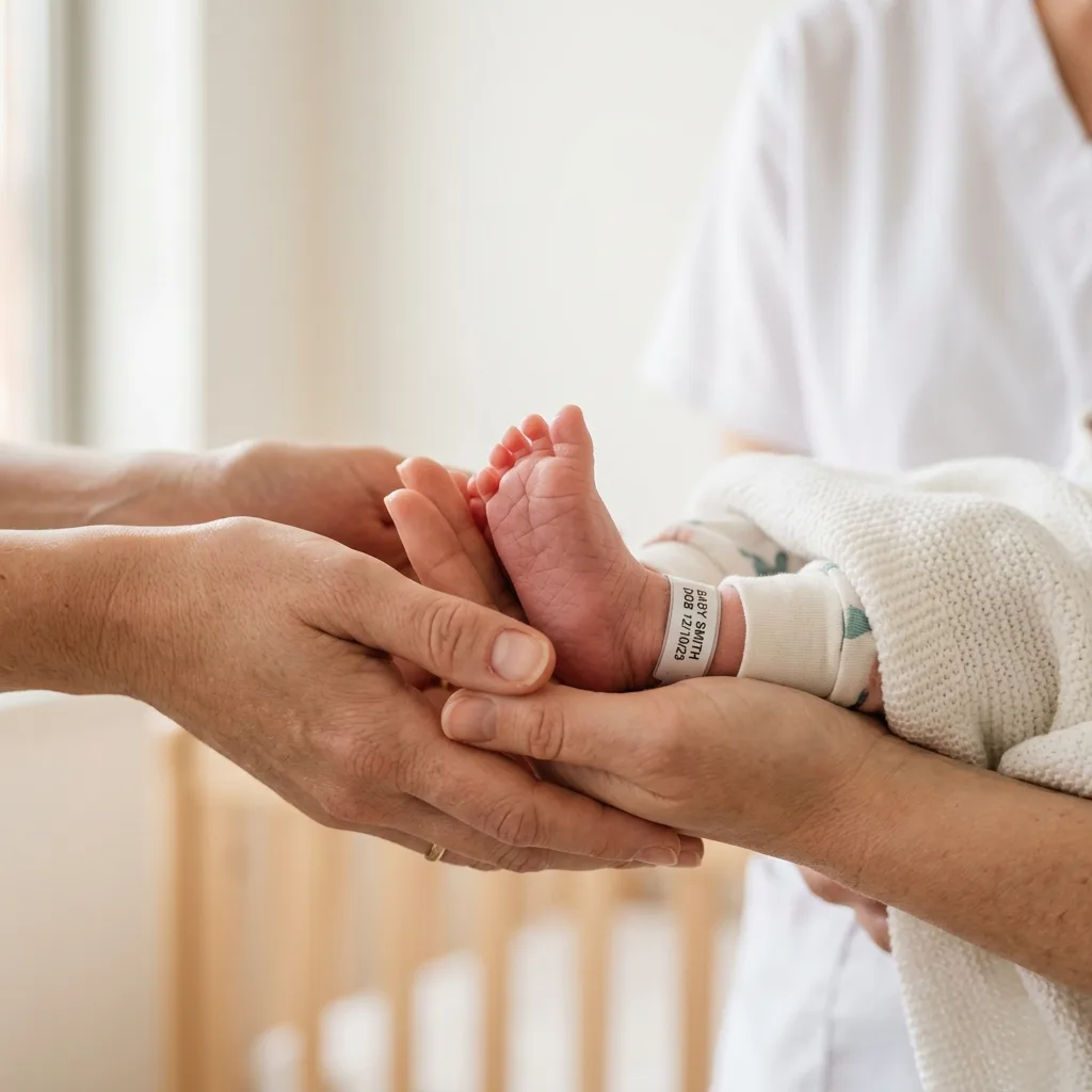 Hands supporting a baby's foot